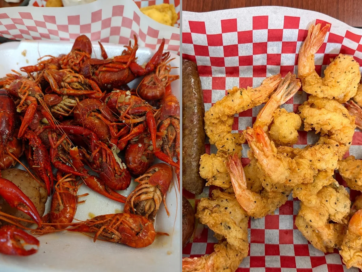 Fried seafood platters on a casual restaurant table.