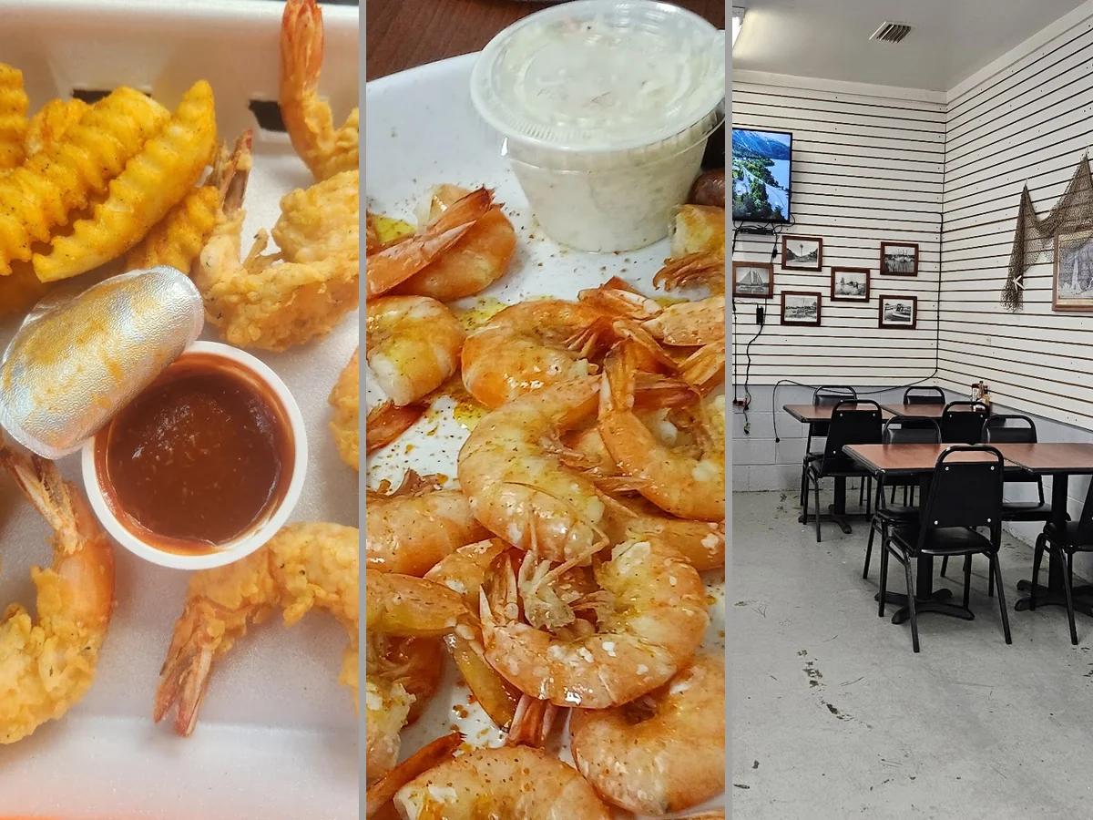 Crispy shrimp and hush puppies served together.