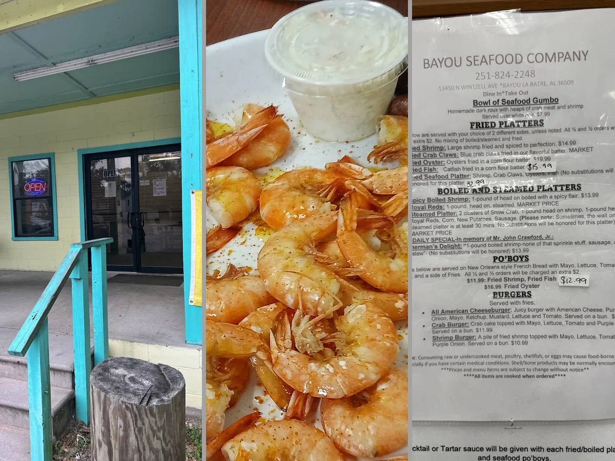 Outdoor seating beside a seafood market and restaurant.