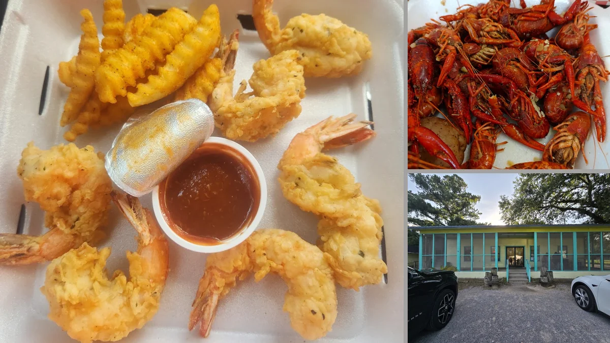 Fried seafood platters on a casual restaurant table.